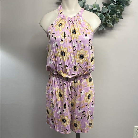 NWT Loft Beach Floral Halter Neck Knit Shorts Romper with Pockets S - Picture 1 of 16